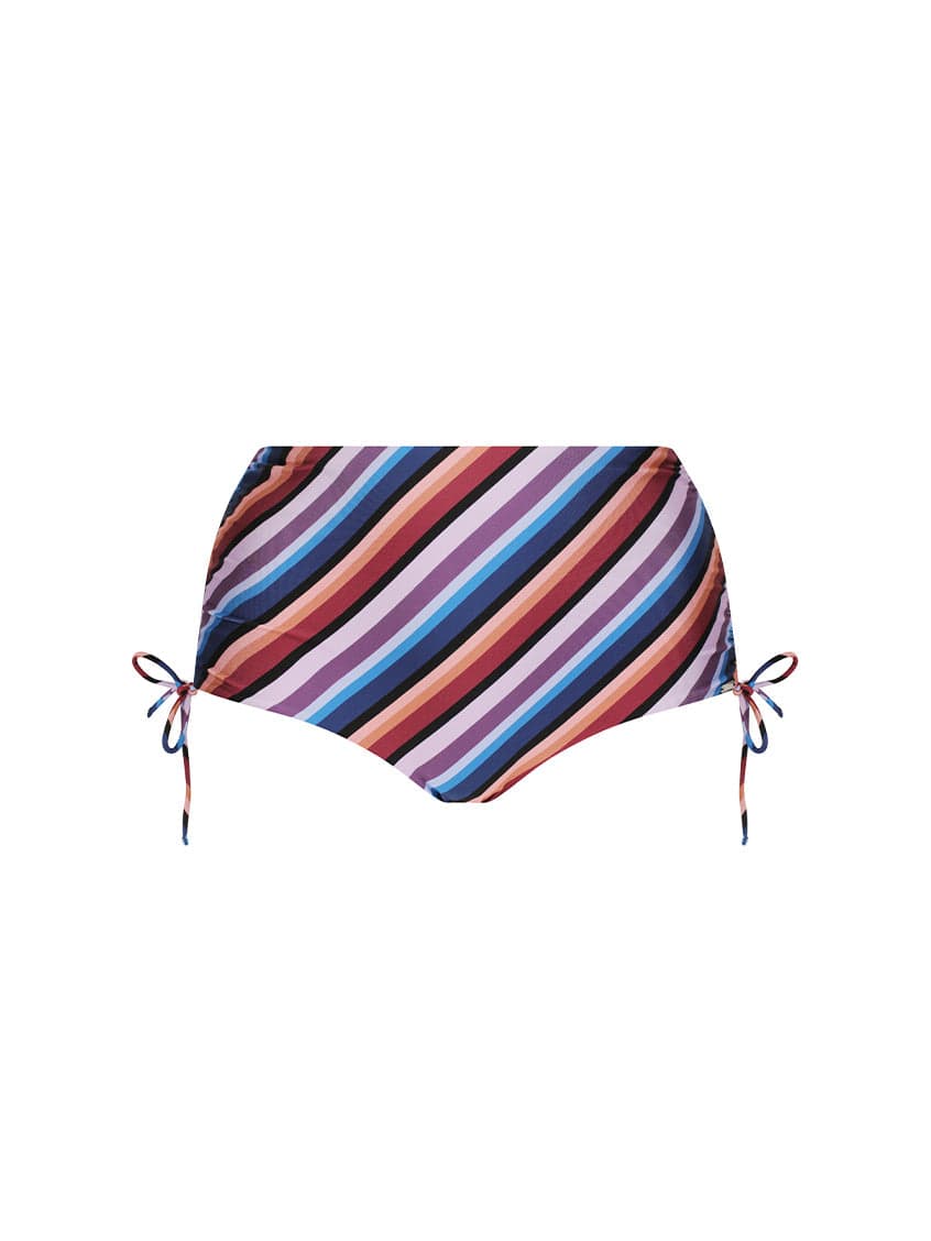 Multicolored striped bikini top on a white background