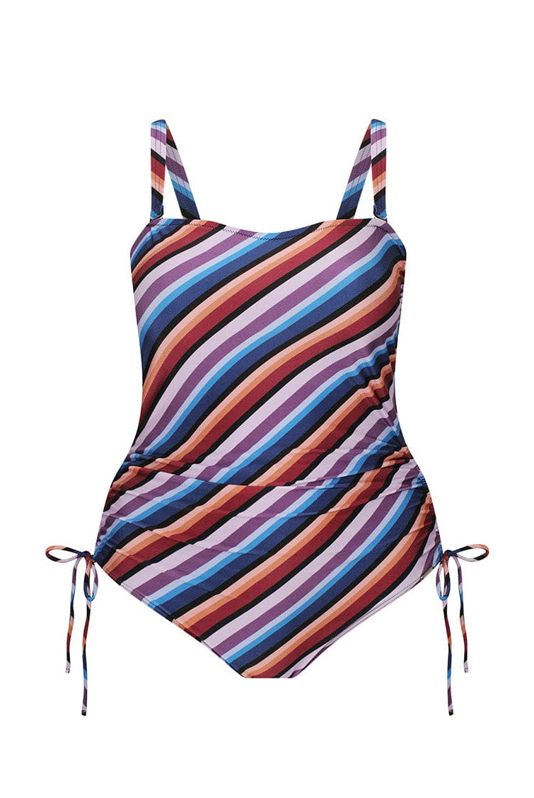 Multicolored striped swimsuit with ruched sides on a white background