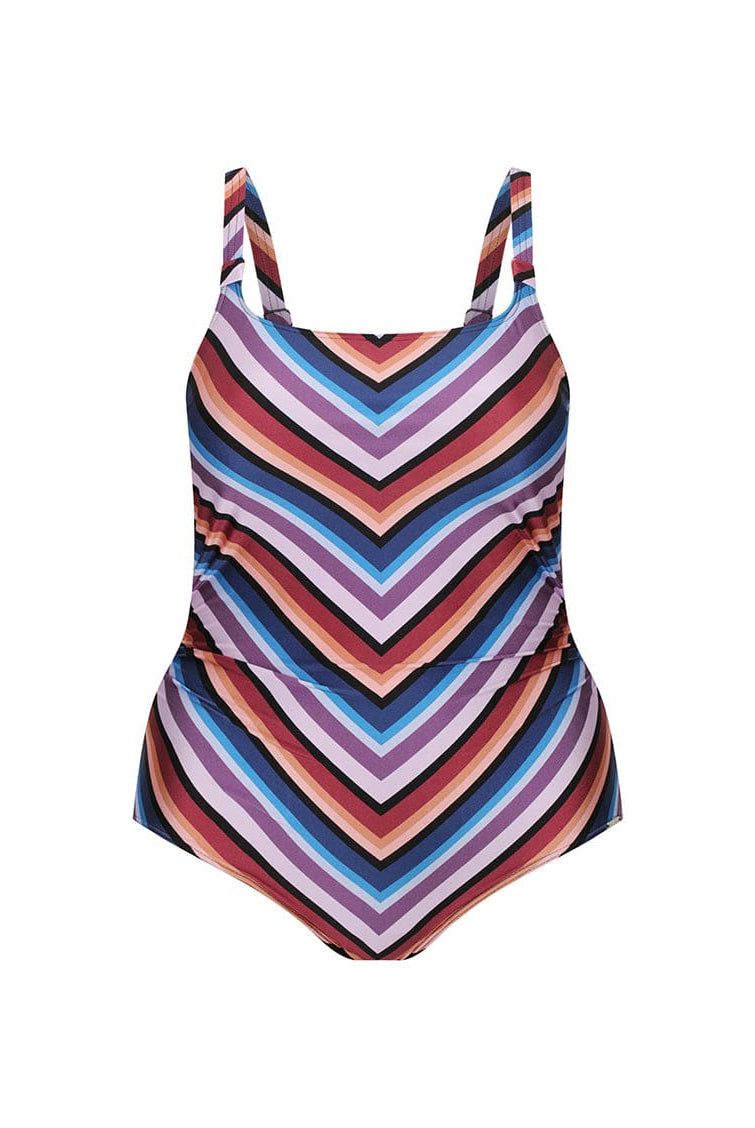 Multicolored striped tank one piece swimsuit on a white background