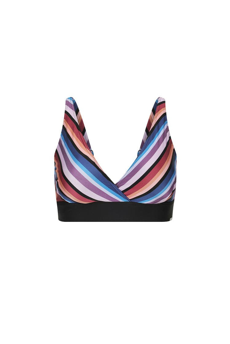 Multicolored striped bikini top on a white background