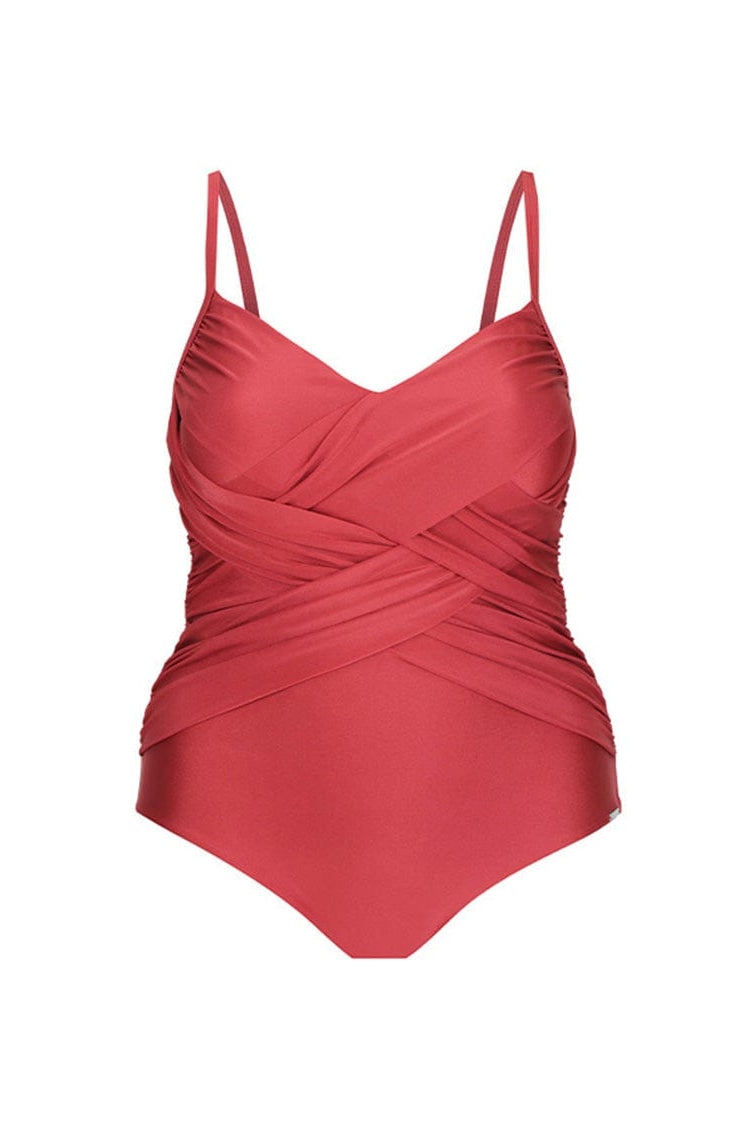 Ghost mannequin of sangria criss cross one piece in metallic fabric