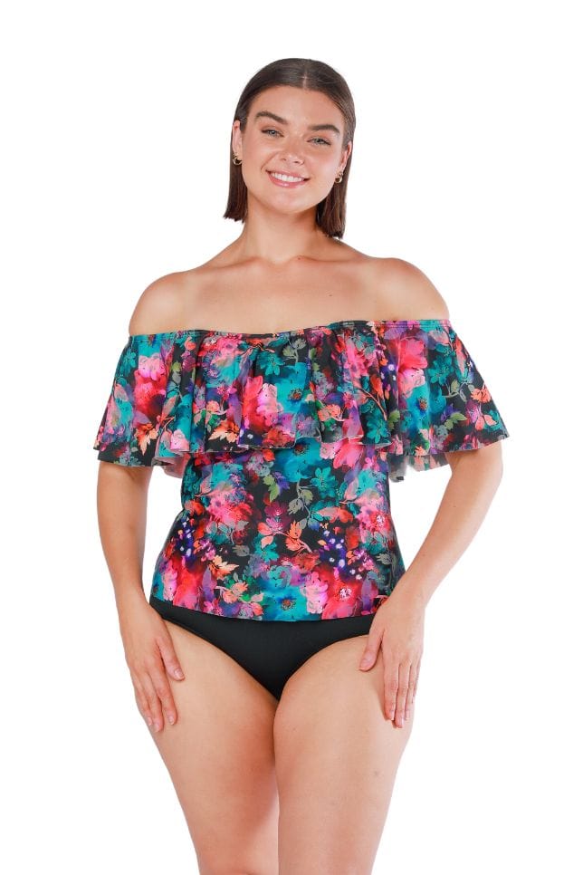 Front shot of model wearing strapless tankini top in pink and blue floral print