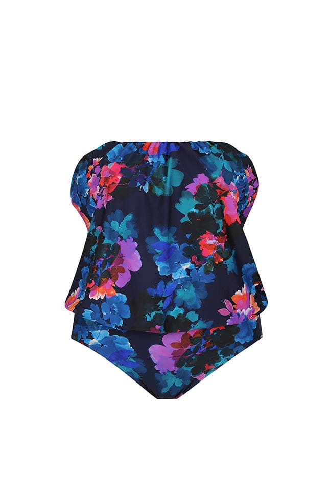 Ghost mannequin navy floral flouncy bandeau one piece swimsuit