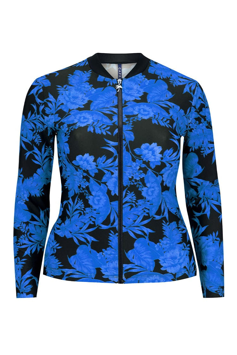 Deep blue rash vest with long sleeves against a white background