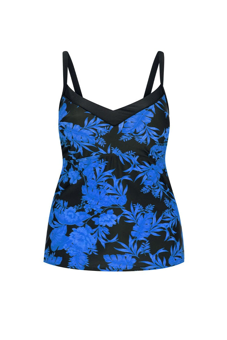 blue and black floral underwire tankini top