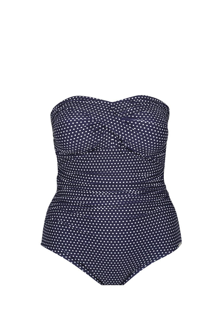 ghost mannequin navy and white dots strapless swimsuit