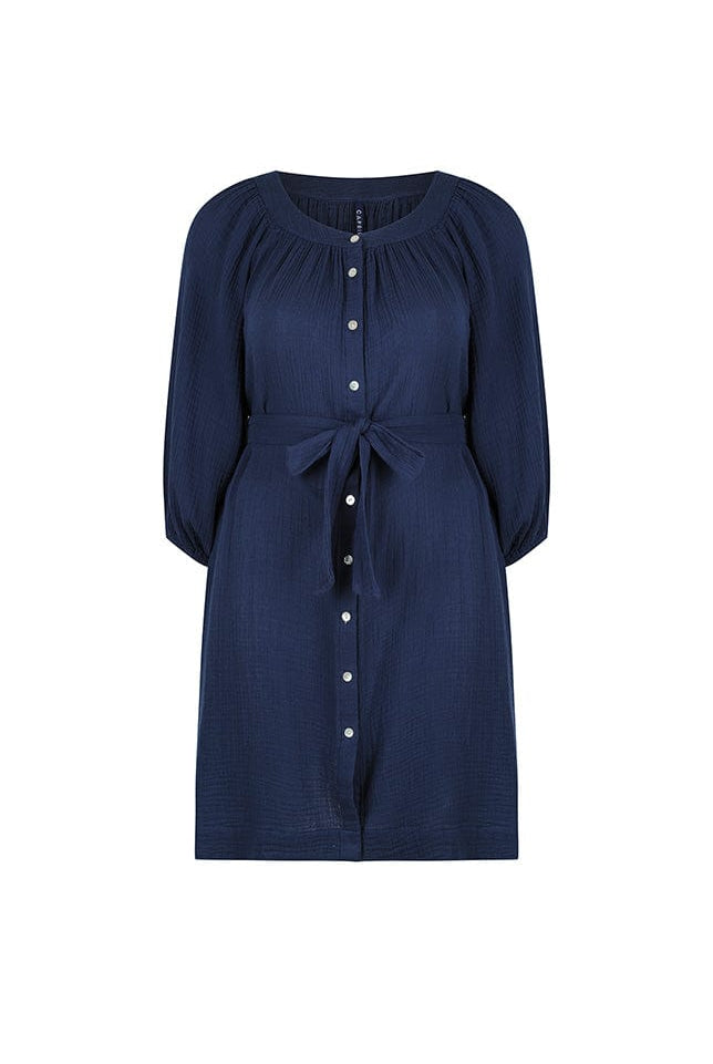 ghost mannequin image of navy cheese cloth button through dress