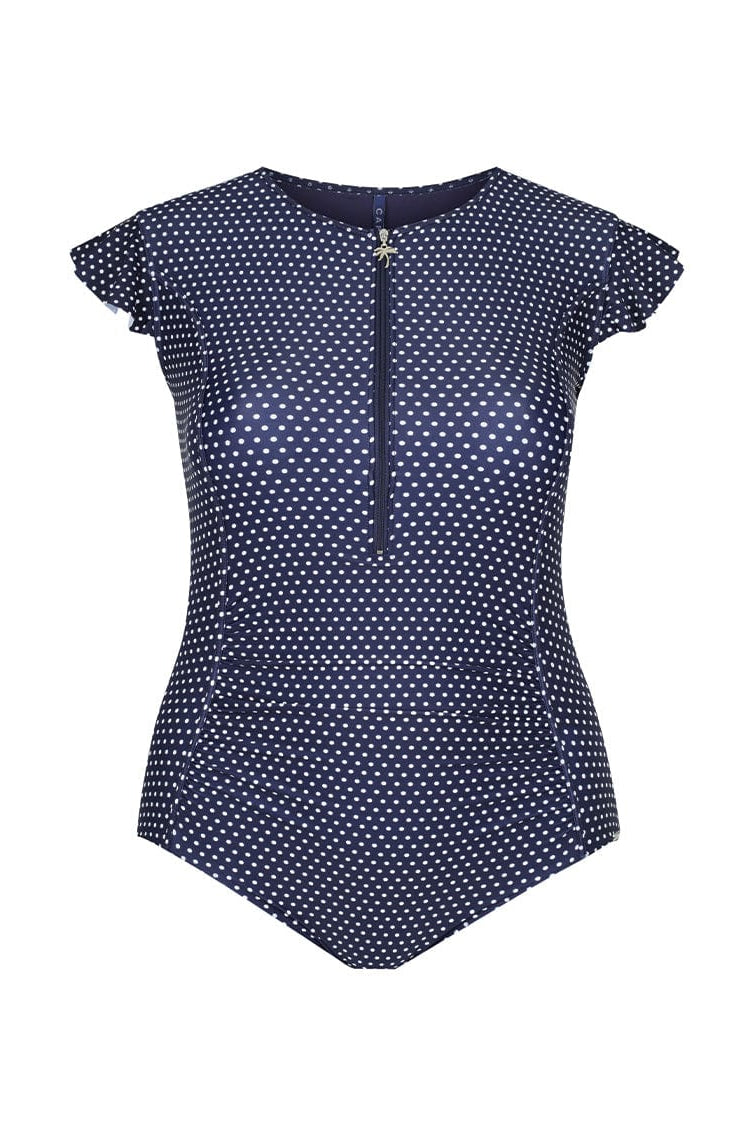 ghost mannequin navy and white dots frill sleeve one piece