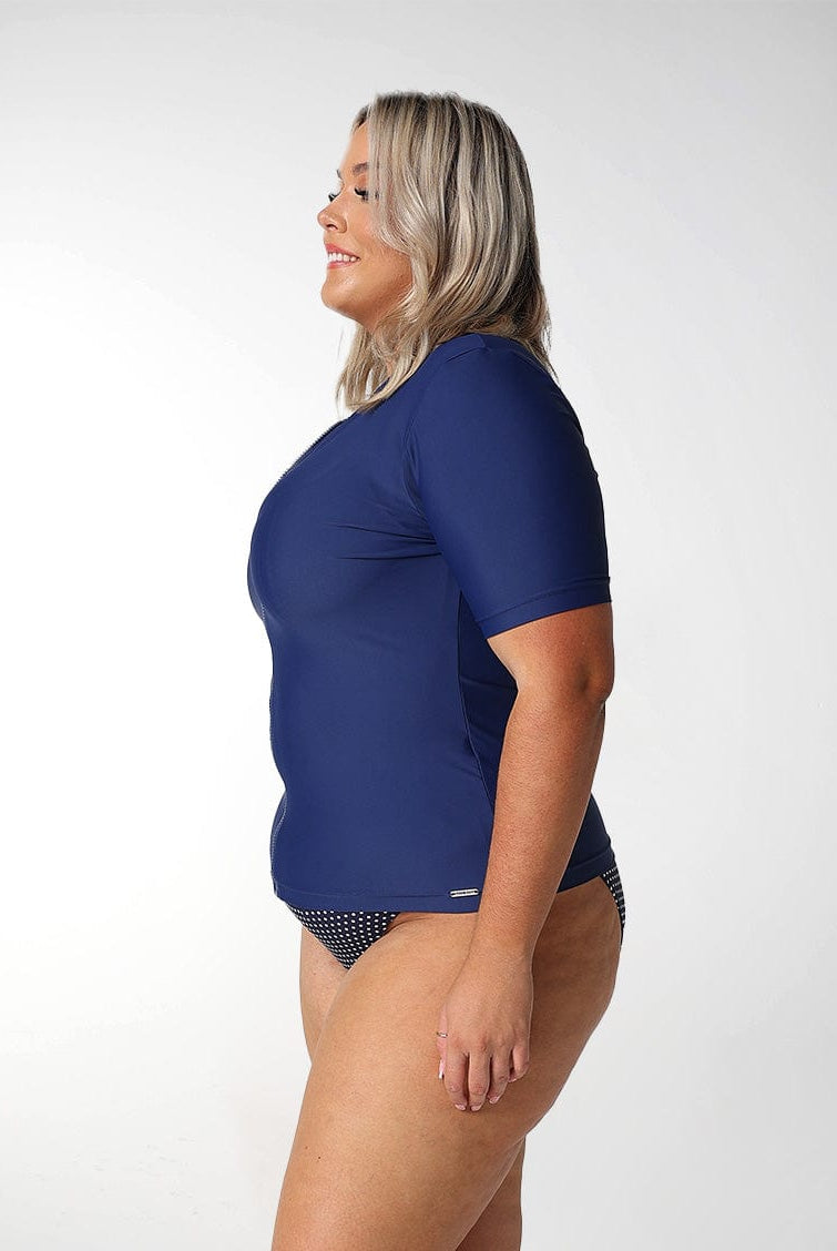 Model showing side of navy short sleeve rashie