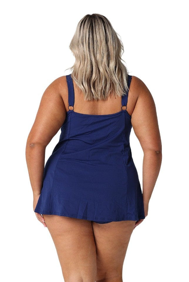 Model showing back of navy wide strap swim dress