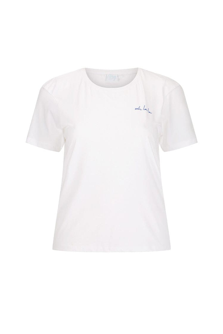 White t-shirt with a small logo on a white background
