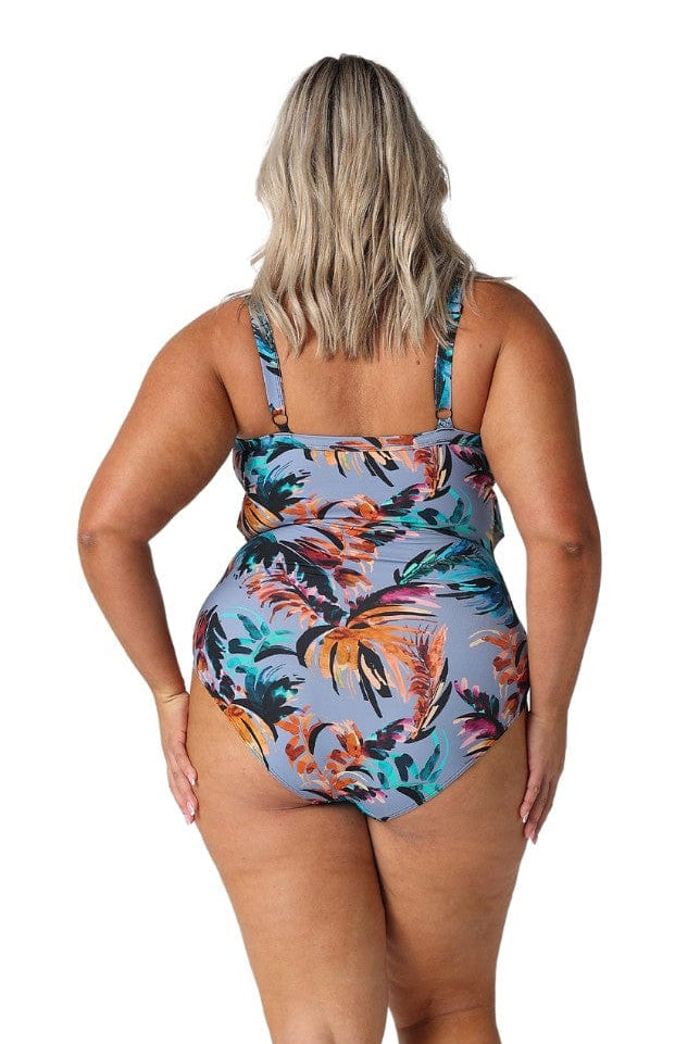 Model showing back of womens tiered swimsuit