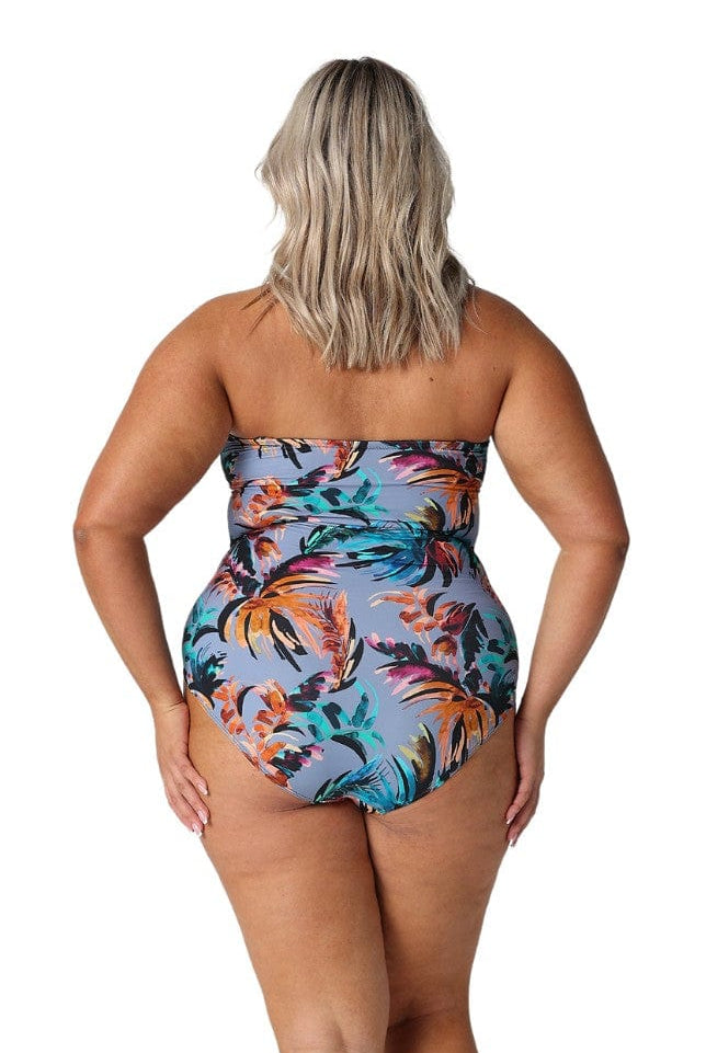 Model showing back of tropical strapless one piece