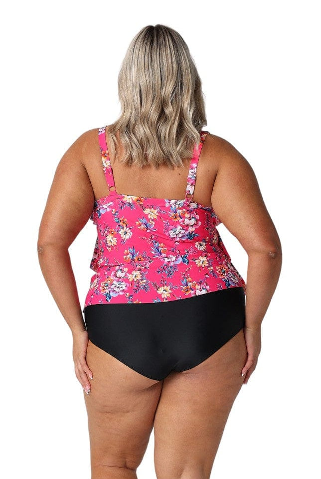 Model show back of hot pink floral women's tankini top