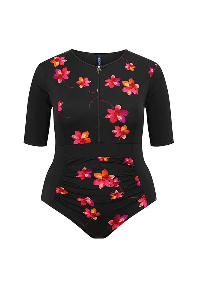Ghost mannequin black with pink flowers short sleeve one piece