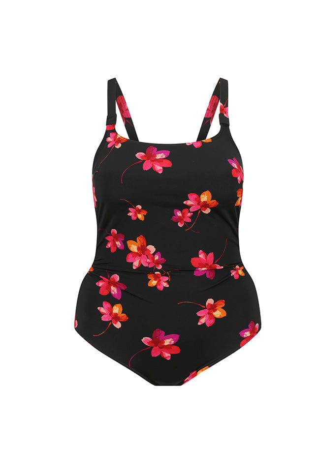 Ghost mannequin black with pink flowers one piece swimsuit