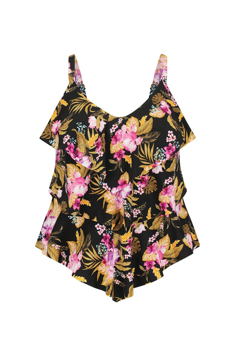 Ghost Mannequin of Womens 3 Tier Tankini Top in Pink and Gold Floral Print