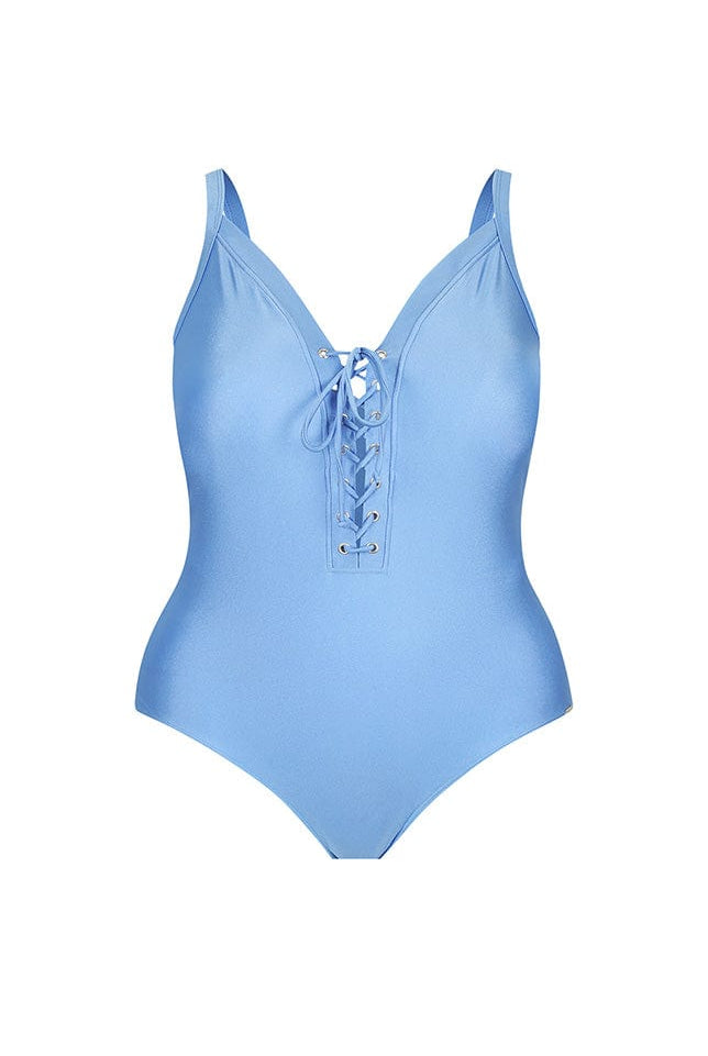 blue low v neck swimsuit plus size