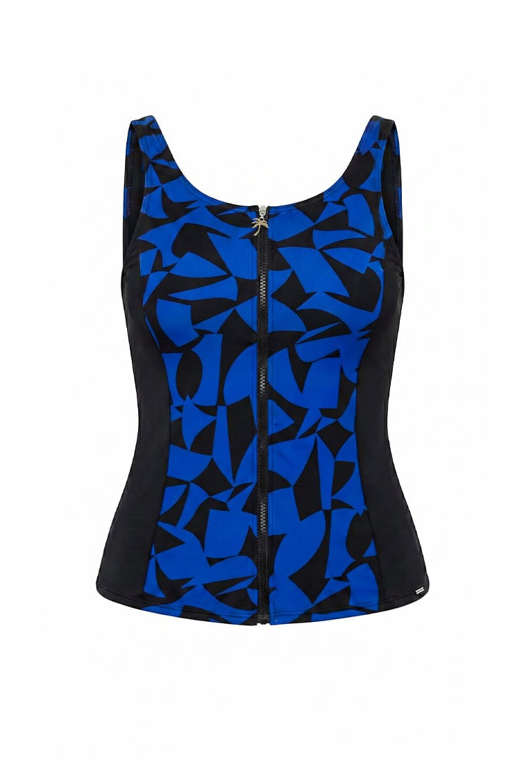 Black tank top with blue abstract pattern on a white background