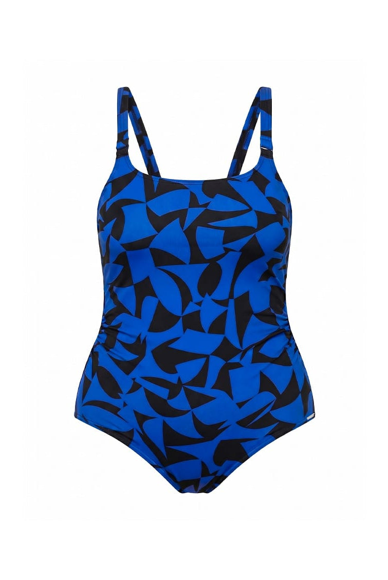 Blue and black geometric patterned swimsuit on a white background