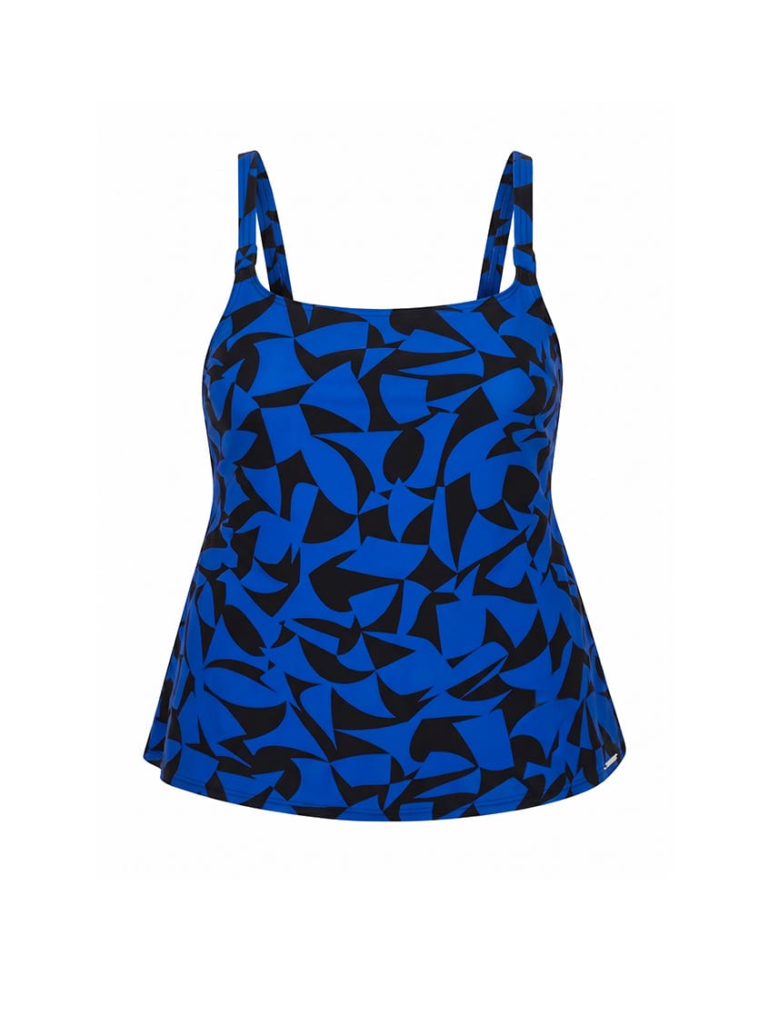 Blue tankini top with black abstract pattern on a white background