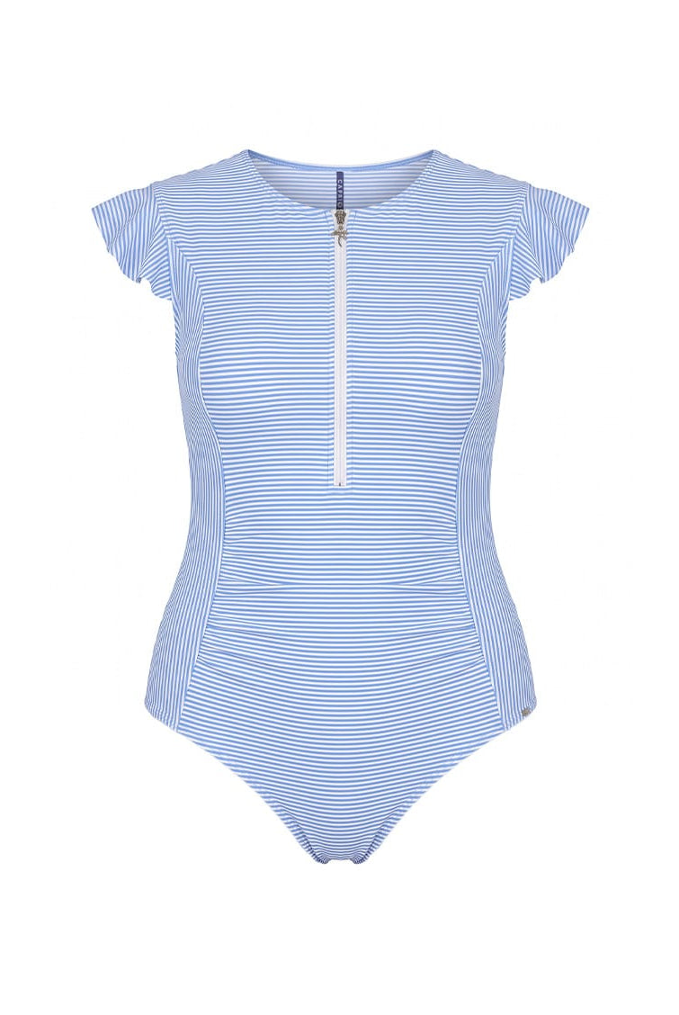 A light blue and white striped one-piece swimsuit with a short front zipper, cap sleeves, and a scoop neckline, shown against a plain white background.