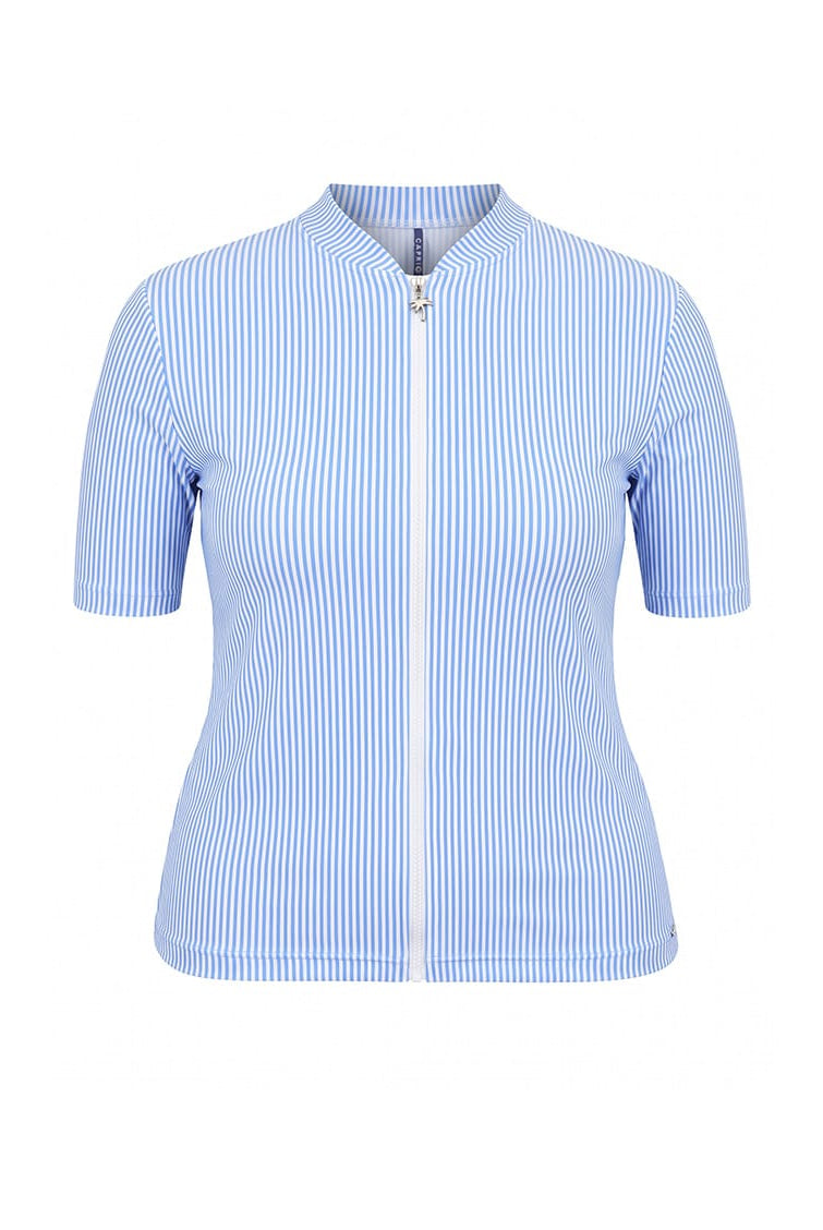 A women's short-sleeve zip-up shirt with a stand collar, featuring a light blue and white vertical stripe pattern, shown on a plain white background.