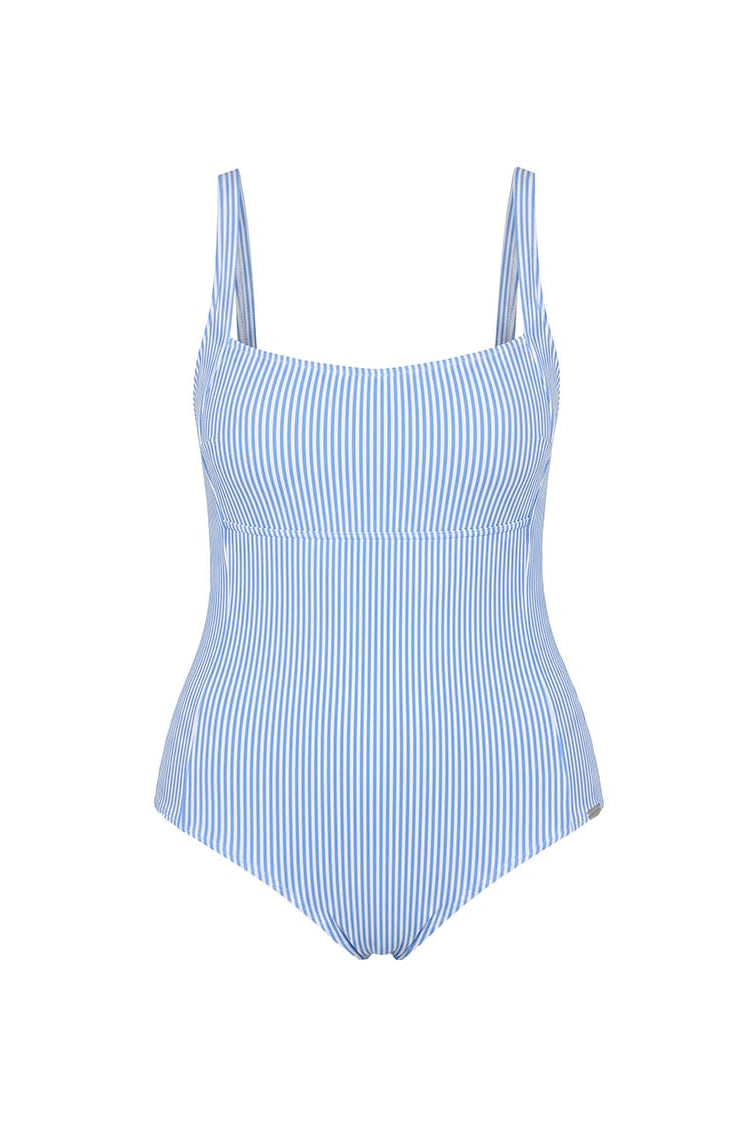 A one-piece swimsuit with a blue and white vertical stripe pattern, featuring a square neckline and thin shoulder straps, shown against a plain white background.