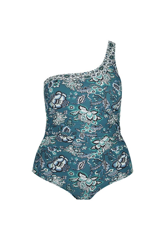 ghost mannequin image of deep teal floral one piece with one shoulder strap