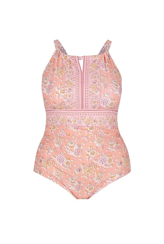 Ghost mannequin of pink floral high neck one piece swimsuit