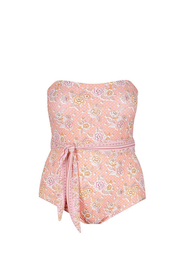 Ghost mannequin pink floral strapless bandeau one piece with waist tie