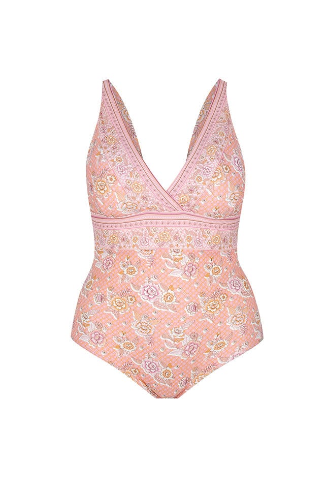 Ghost mannequin pink floral v neck one piece swimsuit