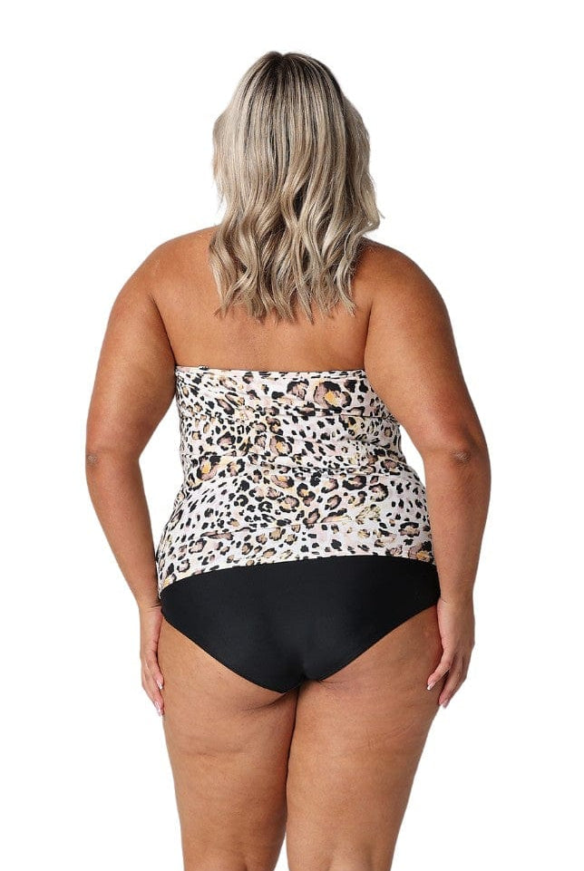 Model showing back of leopard print strapless tankini with matching black pant
