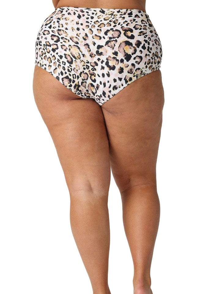 Model showing back of leopard high waisted bikini bottoms