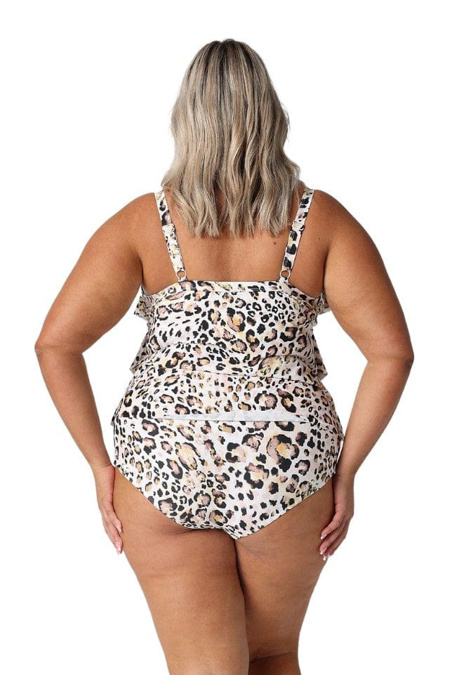 Model showing back of leopard print tankini and matching pant