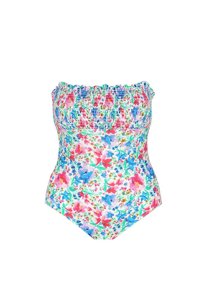Ghost mannequin bright floral shirred bandeau one piece