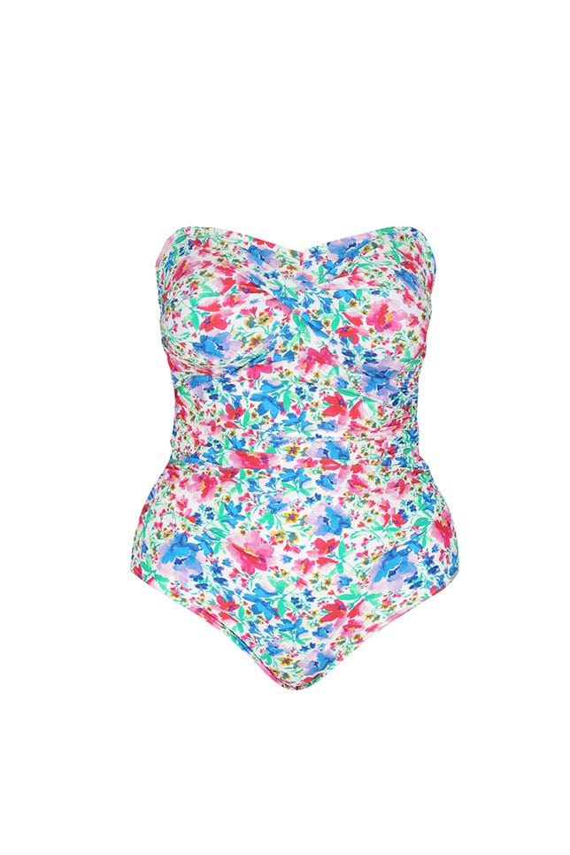 Ghost mannequin bright floral strapless twist bandeau one piece