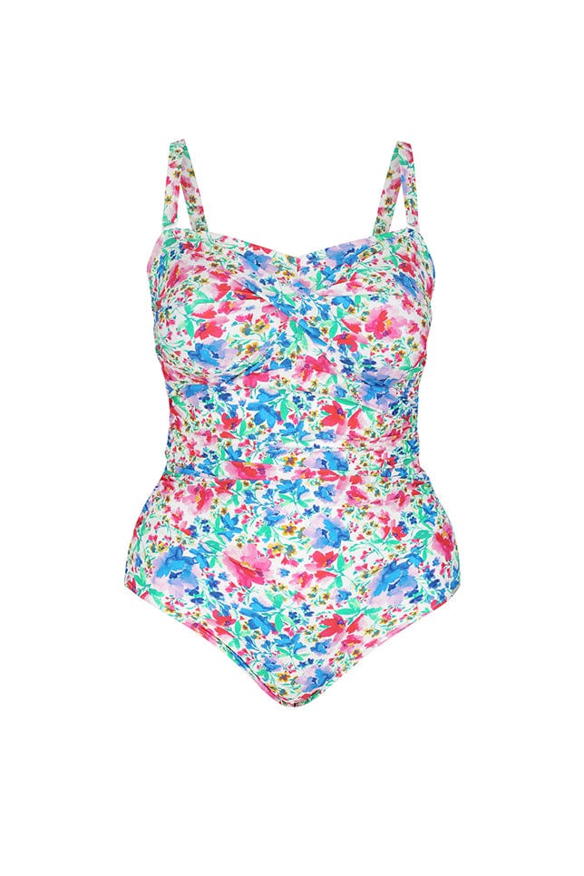 Ghost mannequin bright floral twist bandeau one piece with straps