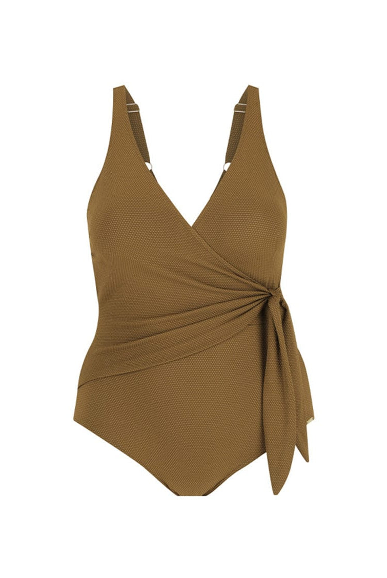 Ghost mannequin of low neck tie side one piece in textured khaki colour