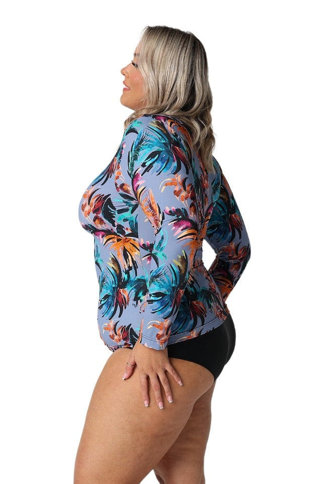Model showing side of long sleeve tropical print rashie