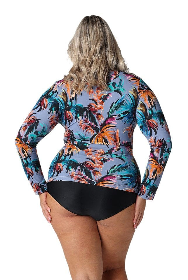 Model showing back of blue tropical print long sleeve rash vest