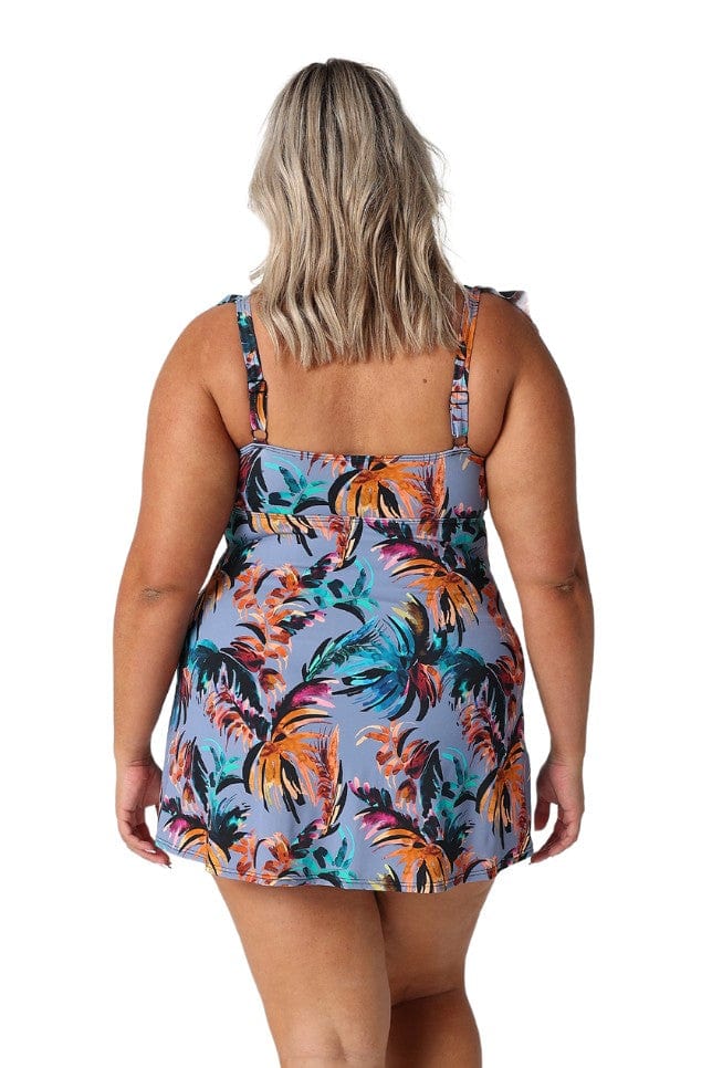 Model showing back of blue tropical print womens swim dress