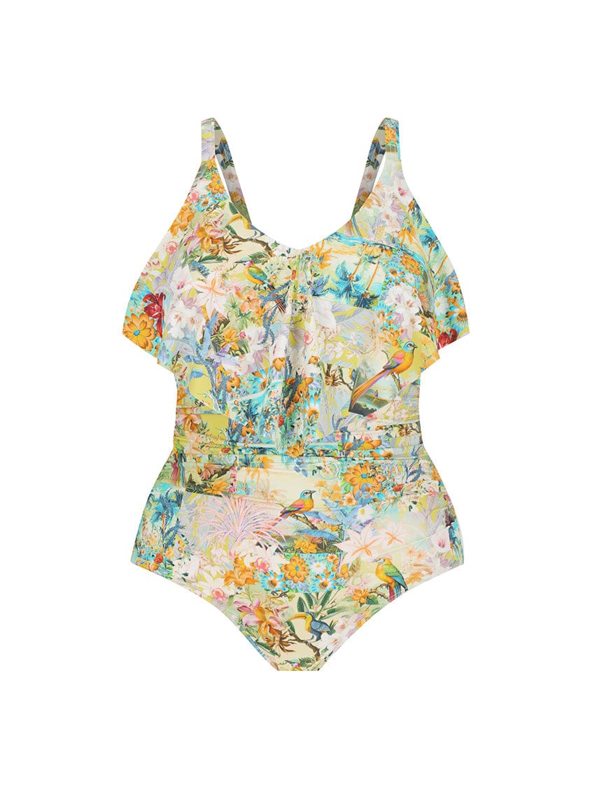 Ghost mannequin of a tropicana printed one piece with long frill