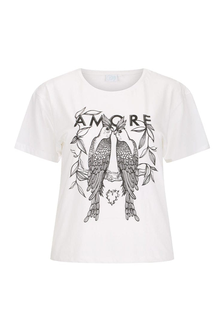 White t-shirt with black graphic design and 'AMORE' text on a white background
