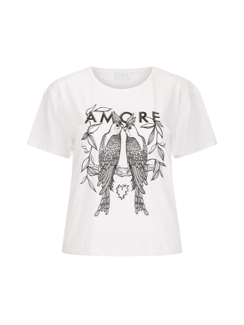 White t-shirt with black graphic design and 'AMORE' text on a white background