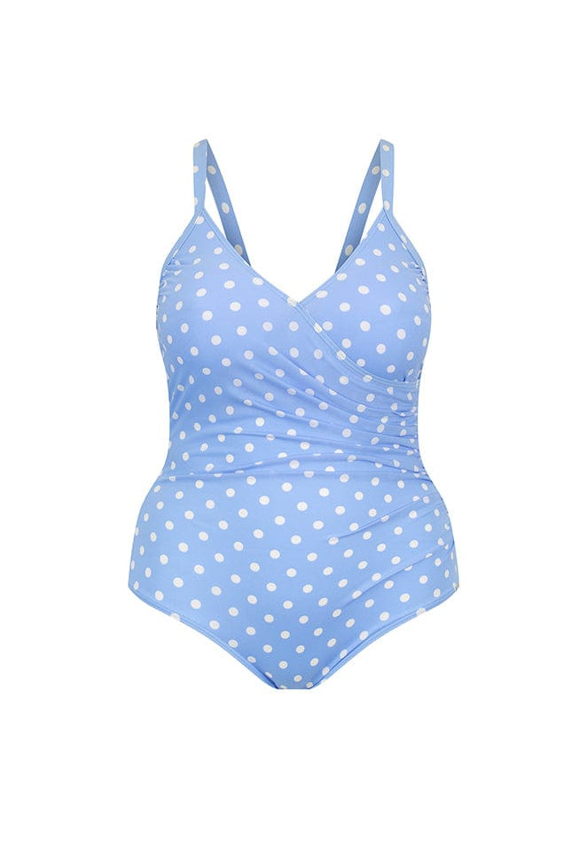 Ghost mannequin of retro crossover one piece in powder blue chlorine resistant