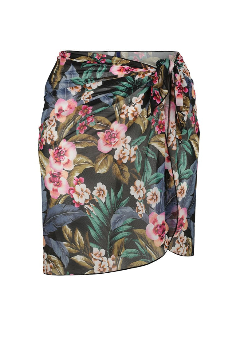 A wrap-style skirt with a dark green base and a vibrant tropical floral print featuring pink, white, and red flowers with green and brown leaves, shown against a plain white background.