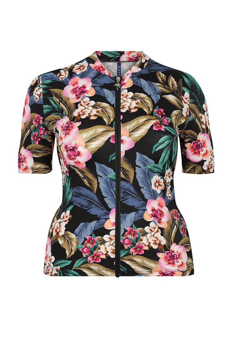 Short sleeve rash vest ghost mannequin in tropical floral print