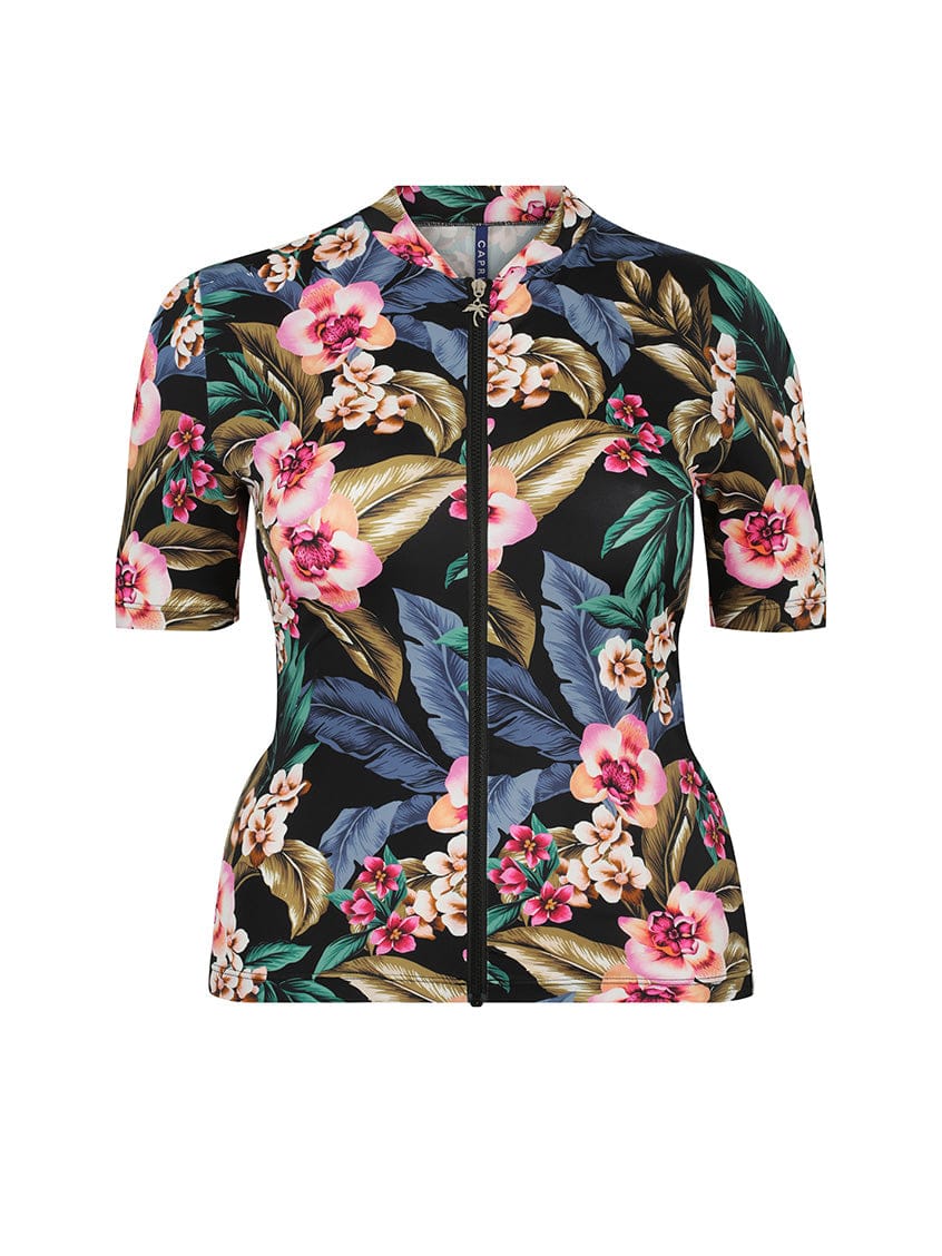 Short sleeve rash vest ghost mannequin in tropical floral print
