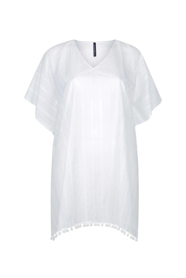 Ghost mannequin of white cotton kaftan dress with short sleeves